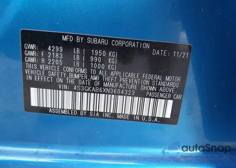 2022 Subaru Impreza Base from USA, damaged, VIN 4S3GKAB6XN3604323